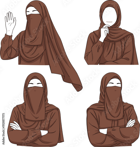 Muslim Woman Wearing Hijab and Niqab in Different Poses Isolated on White Background Cultural Vector Illustration Collection