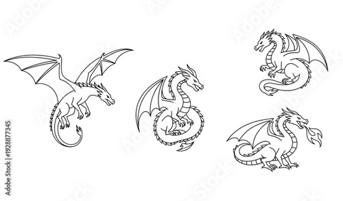 A set of four dragon illustrations in a minimalist line art style