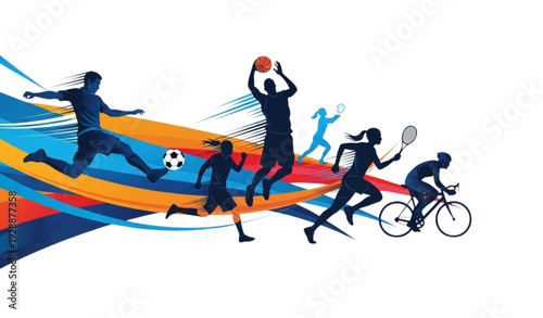 Bilde på lerret A colorful vector graphic illustration of various sports silhouettes in action