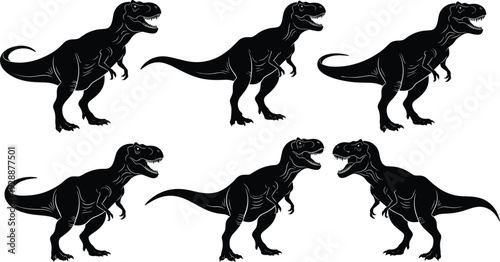 Tyrannosaurus Rex Dinosaur Silhouettes in Multiple Poses Isolated on White Background Prehistoric Animal Vector Illustration Collection