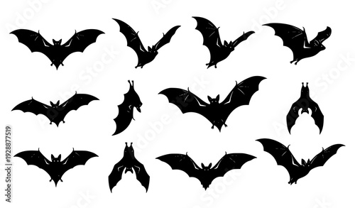 Bat silhouette vector set with flying and hanging bat shapes in minimal flat style
