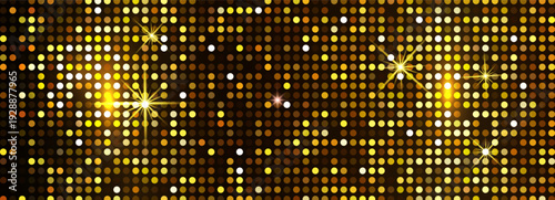 Gold disco ball mosaic pattern. Sequin tiles in yellow and brown tones with star. Shimmering circular grid texture on dark backdrop. Party poster, nightclub flyer, dance event, retro background.