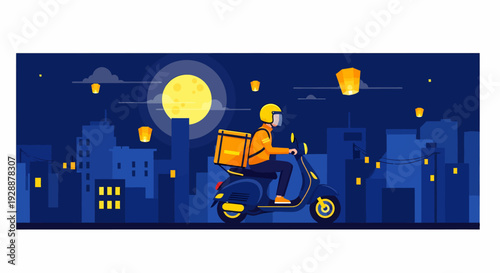 Delivery person on scooter with cargo box at night.