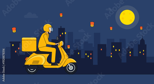 Delivery person riding a yellow scooter at night.