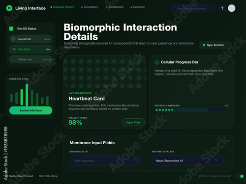 "A sophisticated blend of high-tech clinical precision and organic fluidity. The deep obsidian background creates a mysterious, futuristic atmosphere, while the vibrant emerald accents evoke a sense 