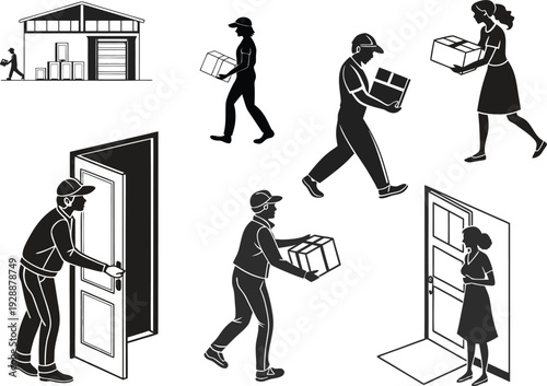 Home Delivery and Courier Service Silhouette Set with Package Handling, Doorstep Parcel Handover, Warehouse Worker and Shipping Activity Scenes, Logistics and Distribution Vector Collection