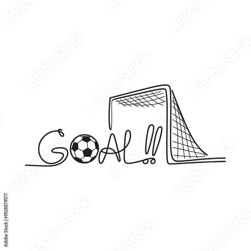 A black and white sketch depicts a soccer ball and goalpost with the word goal written in cursive