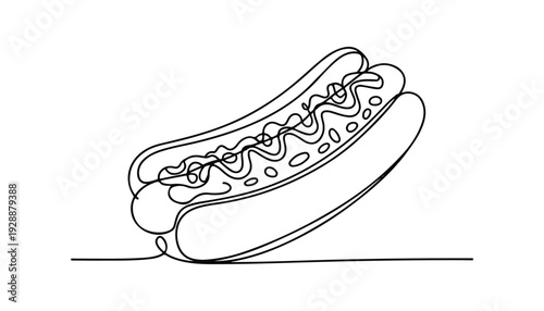 One continuous line illustration of an hot dog, isolated on white background.