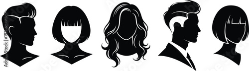 Hairstyle silhouettes, male and female profiles, bob haircut, wavy hair, modern style, fashion illustration, vector art, beauty design collection
