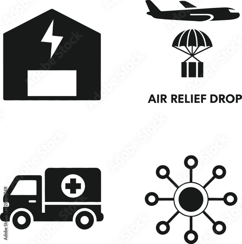 Humanitarian Aid and Emergency Response Icon Set featuring Air Relief Drop, Medical Ambulance, Power Infrastructure, and Distribution Network Hub for Disaster Management and Logistics