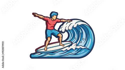 Dynamic cartoon illustration of a surfer riding a powerful ocean wave, capturing the exhilarating essence of water sports and summer adventure. Ideal for beach and active lifestyle themes