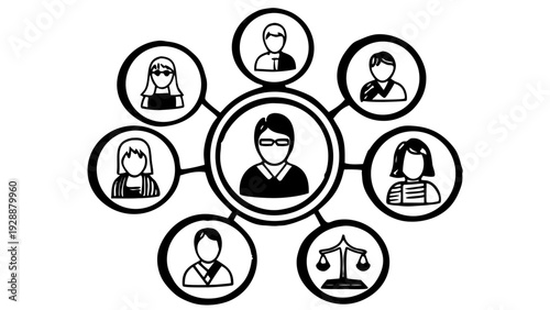 Diverse team members connected to central leader figure