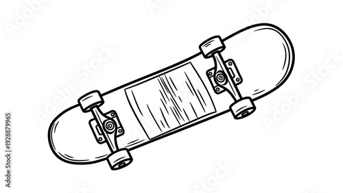 Hand-drawn skateboard illustration for extreme sports and urban lifestyle designs, perfect for a vintage or retro aesthetic