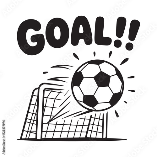 A black and white illustration depicts a soccer ball entering a goal with the word goal above