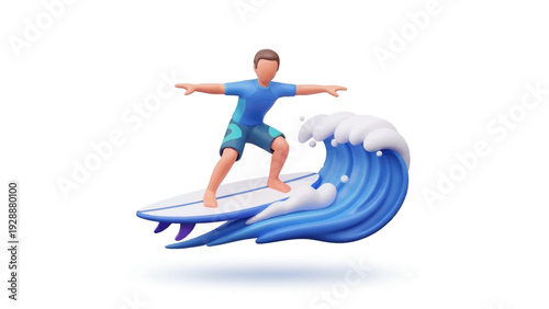 Dynamic 3D rendered illustration of a male character skillfully surfing a vibrant blue ocean wave, capturing the essence of summer water sports and recreational activity