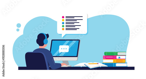 Student wearing a blue headset studies at a computer with a stack of colorful books and a chat bubble on a bright blue background.