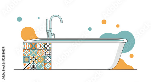 Modern white bathtub with a tall silver faucet is decorated with a colorful geometric tile pattern against an abstract background.