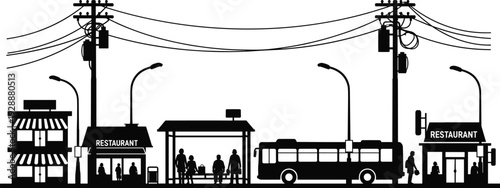 Urban street silhouette with restaurants, bus stop, public transportation, pedestrians, city infrastructure, community design, architecture, lifestyle, black and white