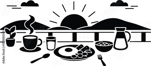 Morning breakfast scene with hills sunrise coffee and balanced meal on balcony silhouette
