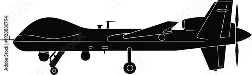 Military drone silhouette vector illustration, unmanned aerial vehicle UAV design, black and white aircraft art, surveillance reconnaissance concept