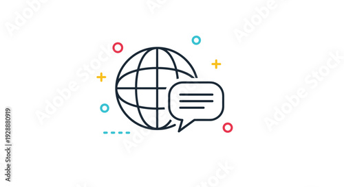 Minimalist icon design showing a globe with a speech bubble next to it surrounded by colorful dots and plus signs for global communication.