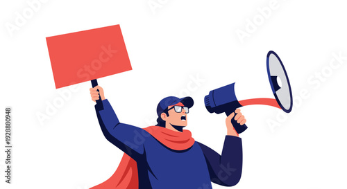 Protester wearing a cap and glasses shouting into a megaphone while holding up a blank red sign on a white background.