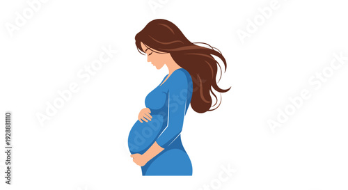 Side profile illustration of a beautiful pregnant woman wearing a blue dress and holding her belly with long brown hair.
