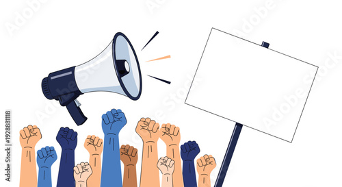 Protest scene illustration with a megaphone and diverse raised fists held high next to a blank white protest sign on a stick.