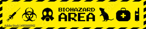 Black warning symbols, syringe, gas mask, radio transmitter,  rat and first aid kit in retro 8-bit game style. Pixel art icon set with biohazard theme on bright yellow background. Wide