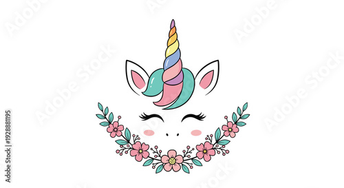 Cute unicorn head with a rainbow horn and colorful mane surrounded by a crescent shaped wreath of pink flowers and leaves.