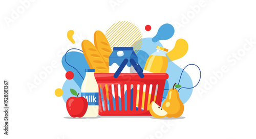 Red plastic shopping basket is overflowing with fresh groceries like milk, bread, an apple, and a pear against abstract shapes.