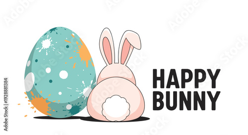 Cute Easter themed illustration features a pink bunny from the back next to a large blue egg with orange and white paint splatters.
