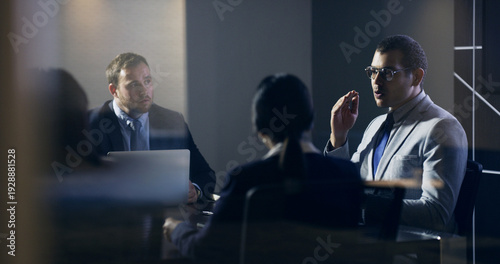 Obraz na płótnie Business, CEO and team with meeting in boardroom for financial review, market expansion or night