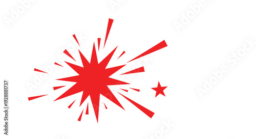 Dynamic red explosion or starburst graphic with sharp points is shown next to a single small red star on a white background.