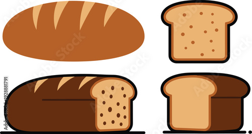 Bread and Bakery Vector Illustration Set with Whole Wheat Loaf Sliced Bread Crusty Baguette and Baked Goods Design Elements