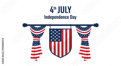 Independence Day banner with American flags draped and a central shield flag hanging from a rod on a plain background.
