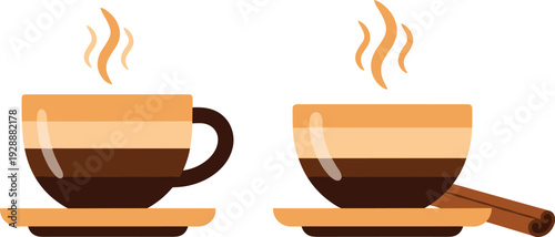 Coffee and Caffeine Drink Vector Illustration Set with Hot Cappuccino Cups Layered Latte Art and Cinnamon Stick Garnish Elements