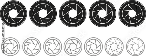 And camera aperture in two different styles arranged in two rows black and white lens shutter symbol
