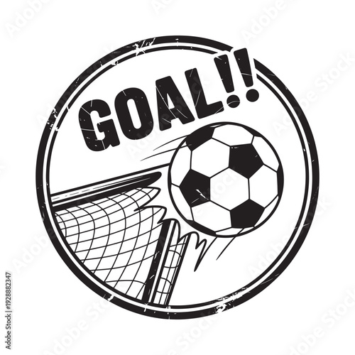A circular black and white design featuring a soccer ball entering a goal with the word goal