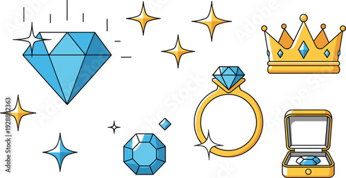 Diamonds and Luxury Jewelry Vector Illustration Set with Sparkling Blue Gemstones Golden Diamond Ring Royal Crown and Elegant Jewelry Box Icons