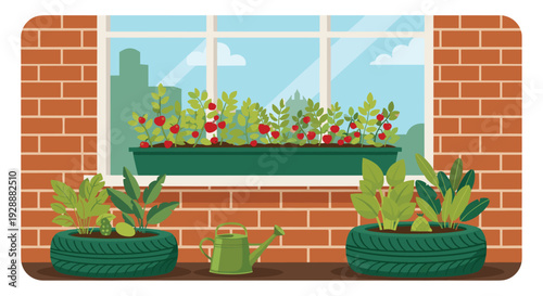 Sustainable urban gardening scene with tomatoes and leafy plants growing in a window box and recycled tire planters.
