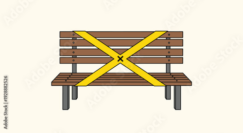 Public park bench taped off with a yellow X marking to indicate social distancing measures or closure for safety.
