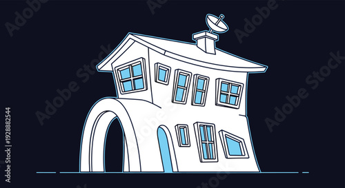 Cartoonish illustration of a white house with a unique curved shoe-like base and a satellite dish on a dark blue background.