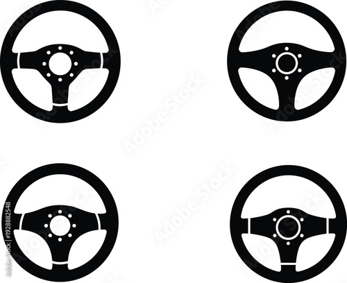 Four and steering wheels in a square arrangement with circular car steering wheel vehicle steering wheel