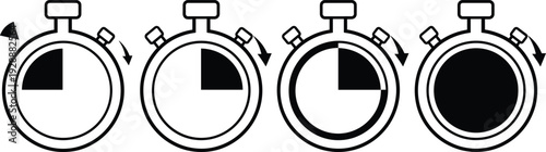 Four and stopwatches showing different elapsed times in a sequence from left to right black and white