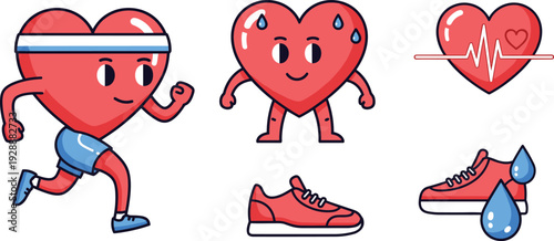 Heart Fitness and Healthy Lifestyle Vector Illustration Set with Cute Running Heart Mascot Character Cardiovascular Health Symbols and Athletic Sneaker Icons