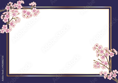 桜の花のフレーム（A４横・枠内透過・ネイビー）