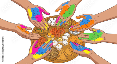 Vibrant Holi Hands Sharing Thali Treats