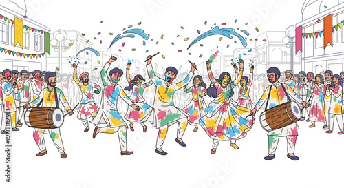 Vibrant Holi Procession Dancing Colors