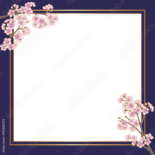 桜の花のフレーム（スクエア・枠内透過・ネイビー）